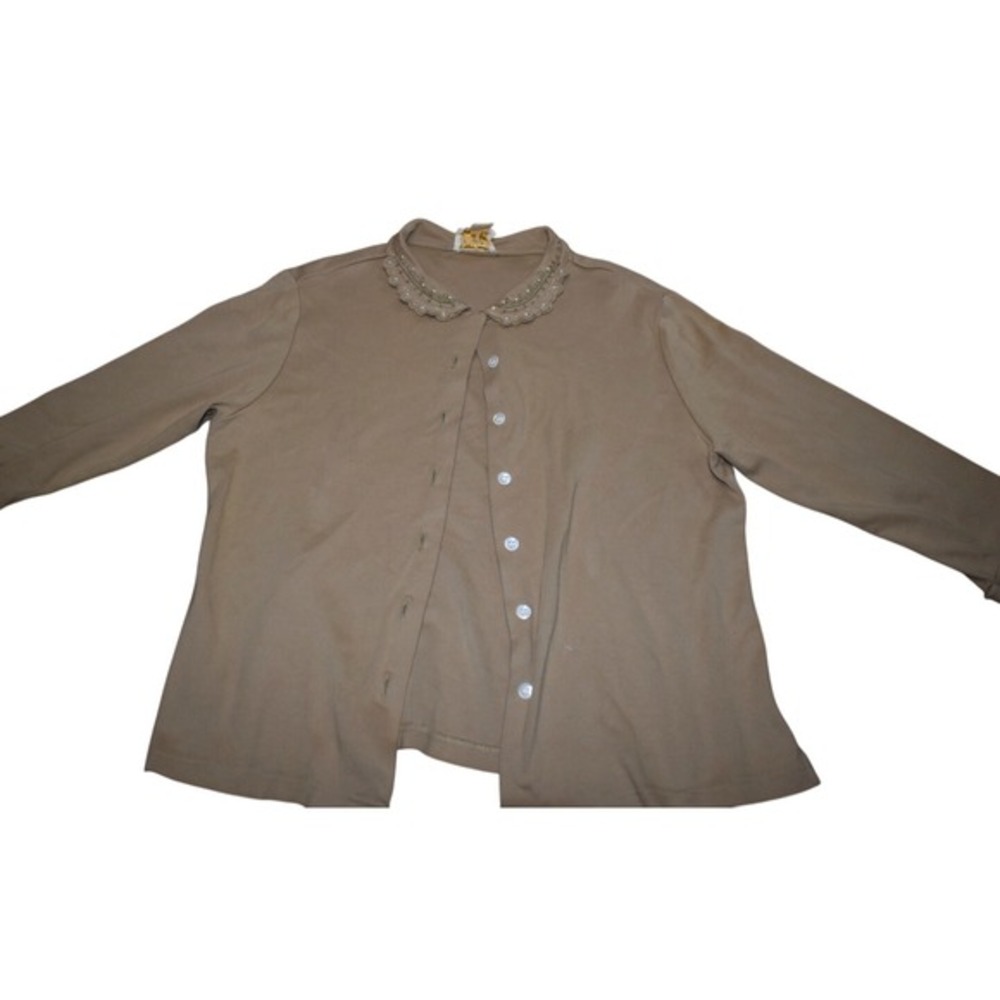 April Cornell Womens‎ Button Up Top Tan Embellished Collar Size L